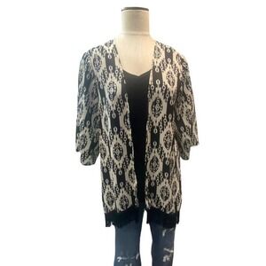 Studio Y Black and White Open Front Cardigan with Fringe